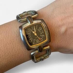 Silver Tone Square Watch with Gold Accents